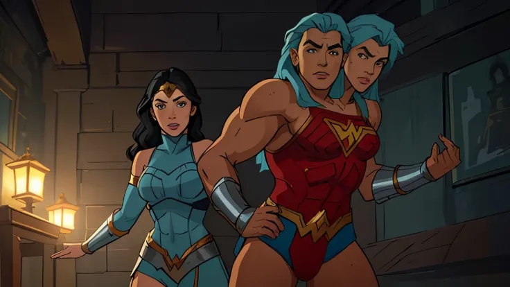 (((2heads))),1man, ((dressed like wonder woman)),a man in the style of nocturne, black skin, pale skin, Dominican,  facial hair, speedo, body hair, , ((big bulge)), thick lips,  dreamy atmosphere, dark cyan and red, i cant believe how beautiful this is, se...