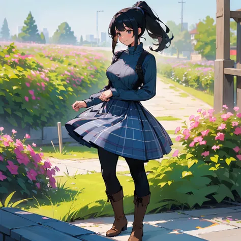 (high quality, high resolution, Super detailed, Reality:1.37), peaceful atmosphere, (outdoor, garden), Teenage girl standing alone, (My breasts are big.), Beautiful detailed features, cute smile, (black hair ponytail), ribbed sweater, blue plaid skirt, Bla...