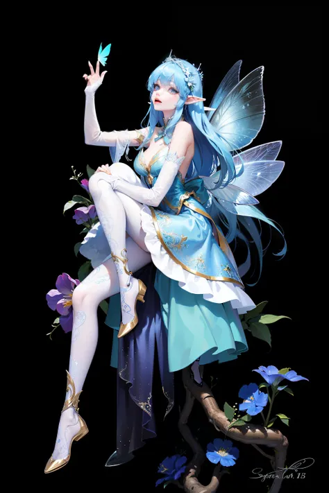 There is a woman in a blue dress sitting on the flowers, Beautiful adult fairy, fairy tale core, beautiful fairy, beautiful fairy, She has pale blue skin!!!, Stunning fairy 3d render, Astral Fairy, Elf, 蓝色Elf, Beautiful adult fairy queen, Beautiful adult b...