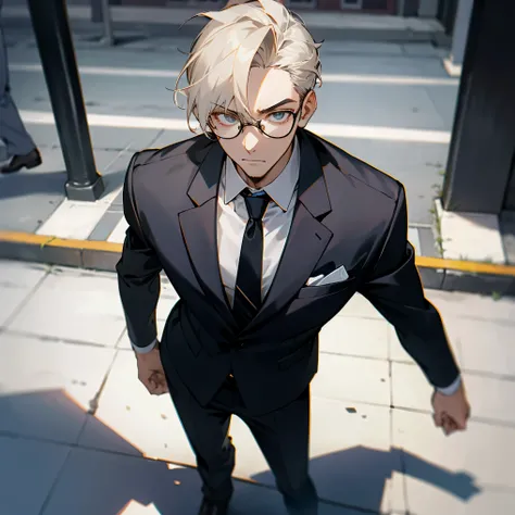 1male , Suit and Tie , Glasses , Business clothing , Serious Expression , Standing on sidewalk