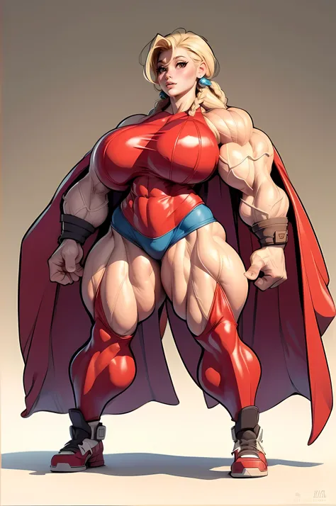 blond muscle woman with cornrows hair flexing muscles wearing superhero outfit with cape, (((Huge breasts))), muscle woman, big muscles, huge muscles, massive muscles, mature woman