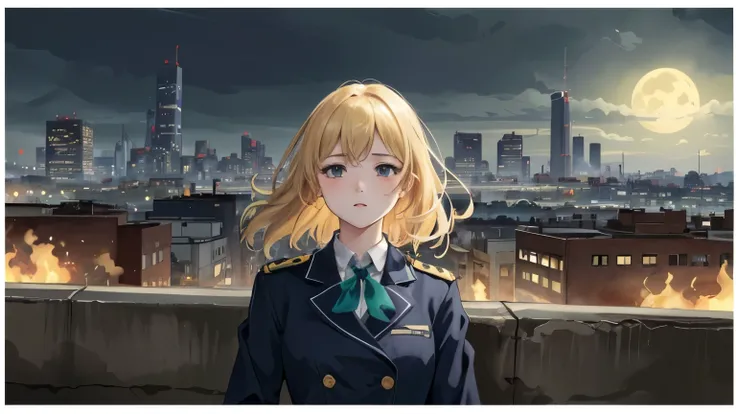 1 woman、blonde、city、skyscraper、moon、rain、Western style、masterpiece, 最high quality, high quality, very detailed CG unified 8k wallpaper, Beautiful landscape painting, award-winning photography, Depth of bounds written, HDR, color difference, realism, very d...