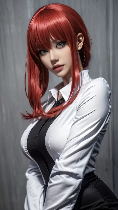 Makima, anime, chainsaw man, ((anime cosplay)), 1 girl, wide range photoshoot, wide range, (milf), beautiful face, clear face, ((hot body)), ((makima dress)), Wearing office suit, ((white full sleeve shirt and full leg black pant)), ((chainsaw man)), ((ass...