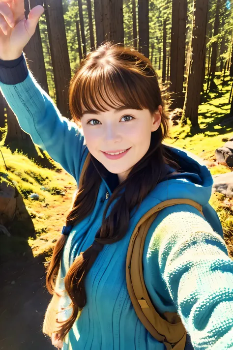 1 female((Upper body selfie, Happy)), masterpiece, highest quality, super detailed, alone, outdoor, (night), Mountain, nature, (performer, moon) Hilarious, Happy, Backpack, sleeping bag, Camping stove, Water bottle, mountain boots, gloves, sweater, have, f...