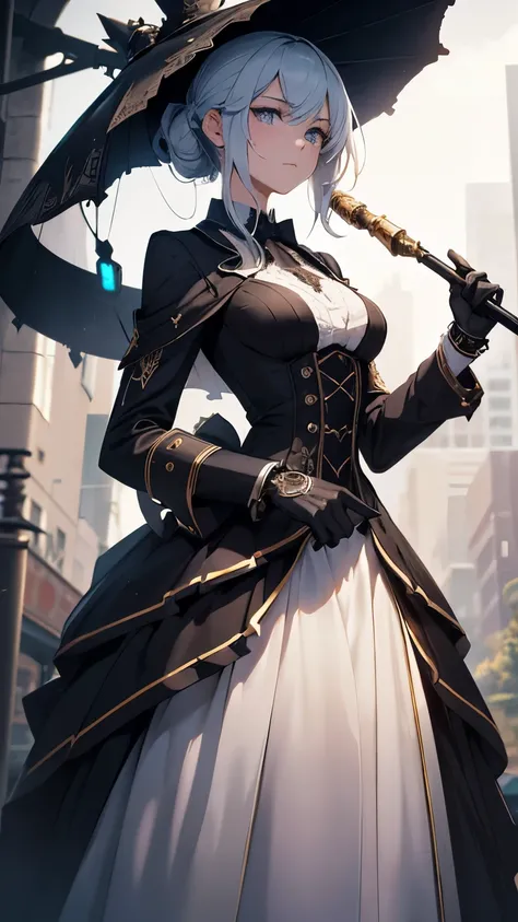 Robot female Butler with Mechanical Engineering Profile, steampunk tie, detail soft shadow, Mechanical face with an ennui atmosphere, Mechanical decorative cane with one hand, from below, Mechanically, with intricate and insane details, About the intricate...