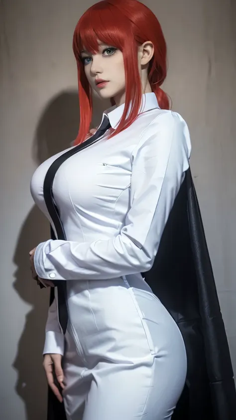 , ((anime cosplay)), 1 girl, wide range photoshoot, wide range, (milf), beautiful face, clear face, ((hot body)), ((makima dress)), Wearing office suit, ((white full sleeve shirt and full leg black pant)), ((chainsaw man)), ((assassin suit dress)), ((cospl...