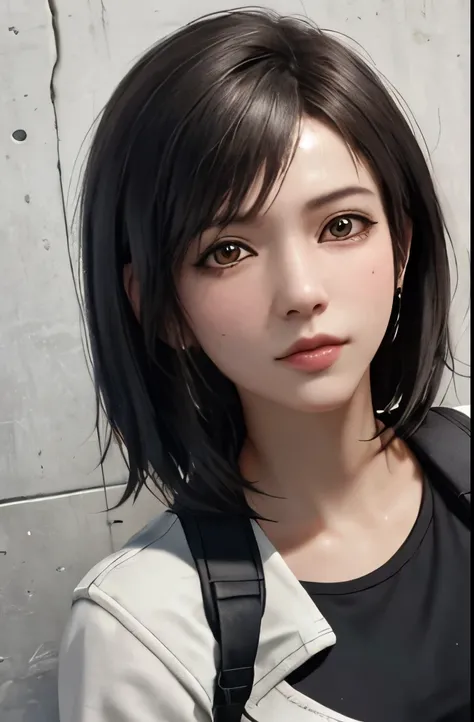 (masterpiece), (highest quality), 8K resolution, Super detailed, Super detailed, realistic, photograph, photorealisticim, (1girl), Tifa Lockhart、small face、30 years old mature woman、no makeup、natural makeup、Detailed beautiful eyes、short hair、Dark brown col...