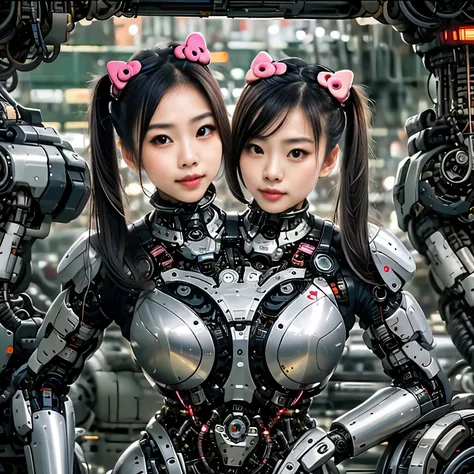 best resolution, 2heads, asian cyborg woman with two heads, pigtails hair, pink robot body, hello kitty stickers, mechanical bac...