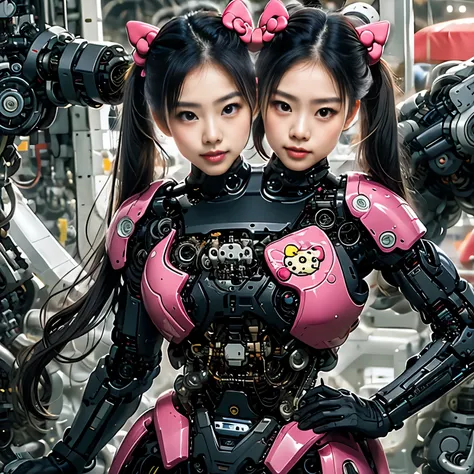 best resolution, 2heads, asian cyborg woman with two heads, pigtails hair, pink robot body, hello kitty stickers, mechanical bac...