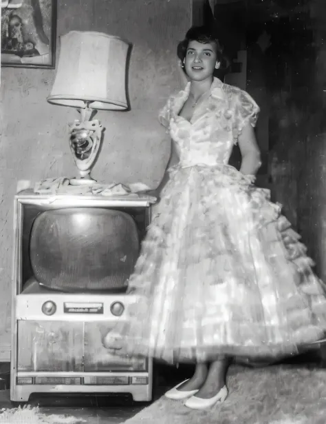 Mujer arafed con un vestido parada frente a un televisor., 1950, 1 9 5 0, 1 9 5 6, 1956, foto 1960, alrededor de 1958, 1 9 5 5, 1955, Press photo from the 1950s, 1 9 5 0, 1950s