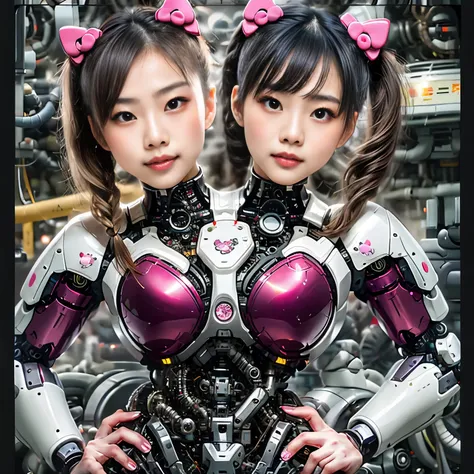 best resolution, 2heads, asian cyborg woman with two heads, pigtails hair, pink robot body, hello kitty stickers, mechanical background