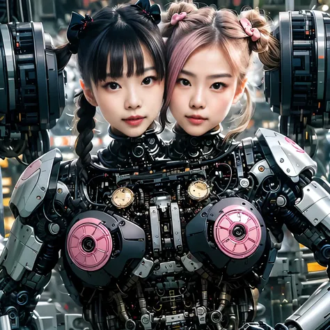 best resolution, 2heads, asian cyborg woman with two heads, pigtails hair, pink robot body, hello kitty stickers, mechanical bac...