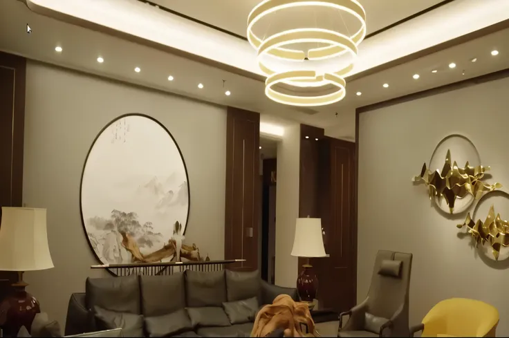 living room，Accent lighting, volumetric indoor lighting, indoor lighting, LED lights around, Artificial warm lighting, Top ambient lighting, Warm light interior, Dynamic and mood lighting, Clear lights and edges, indoor lighting, Showroom scene, Brightly l...