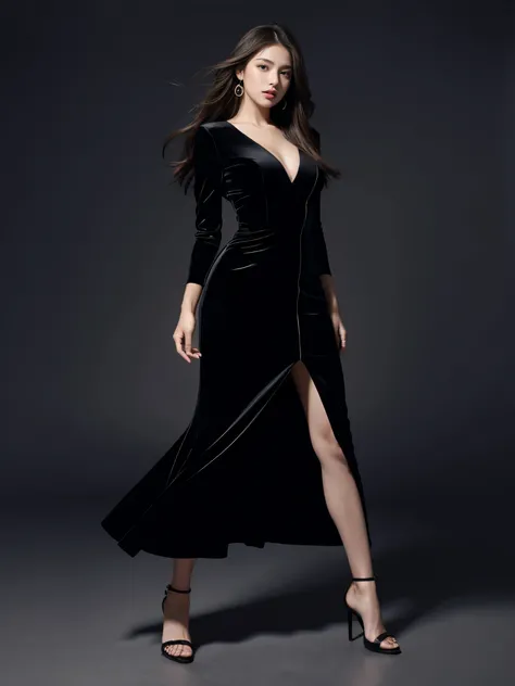 best quality,masterpiece,ultra high resolution,(actual:1.4),original photo,ultra high definition，8K，there is a girl，black dress，High heel，Confident, beautiful and generous，temperament