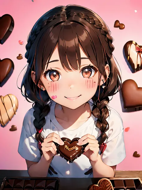 (brown hair:1.4),(brown eyes:1.4),((Braided shorthair:1.3)),((With bangs)),((Valentine:1.4)),(Chocolate making:1.5),(Chocolate on your face or hands:1.5),(blush),((smile:1.2)),((A colorful and cute world studded with hearts and stars:1.3))