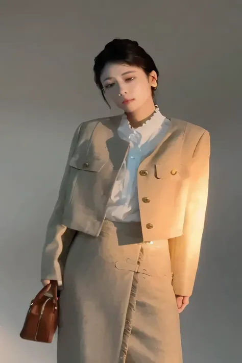 arafed woman in a tan suit and white shirt holding a brown purse, cropped shirt with jacket, short jacket, jacket, wearing jacket and skirt, Jia, wearing fashion suit, tan suit, suit, girl in suit, elegant suit, wearing jacket, With shoulder pads, Bae Xiuz...