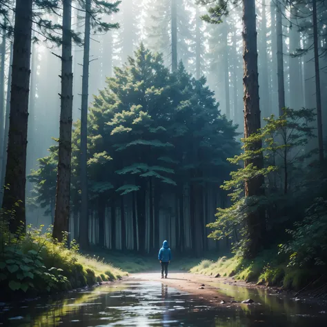 A boy in the floresta, heavy chuva, dim light in the floresta, the boy wearing a light azul hood, um lago ao fundo.

(melhor qualidade,4k,8k,high resolution,obra de arte:1.2),ultra-detalhado,(realista,photorealista,photo-realista:1.37), HDR, Ultra HD, stud...