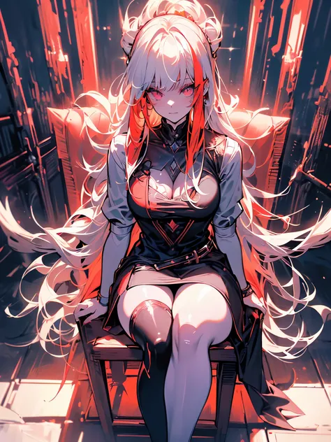 Daughter of Lucifer, extremely reddish eyes, hair as white as snow, long hair, is biting her lips, long red nails, cleavage, voluminous body, small breasts, big ass, fat muscular thighs, (((in a dark place with a tone red, sitting forward with legs apart))...