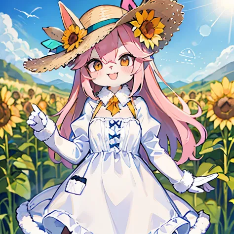 female,bunny,whitedress,sunshine,fun,sunnyday hat,sunflower field,smiley face,pink fur,high detailed fur,