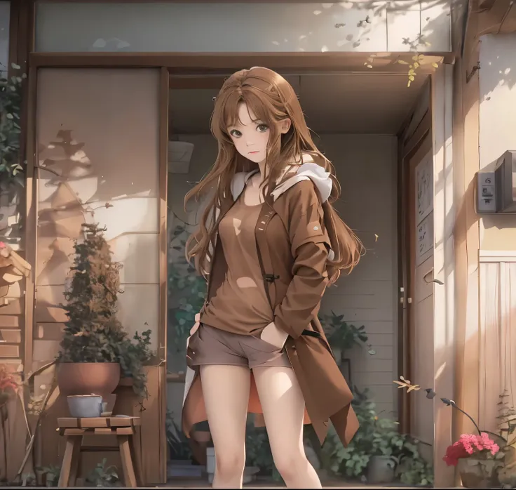 highest quality, realistic anime picture、8k wallpaper, ((beautiful)), (Lovely) ,(((1 girl))),full body portrait、23 years old,(Brown hair long hair))、soft light、（brown coat、white t-shirt、compress on stomach、Open the front of the coat）、inside the house