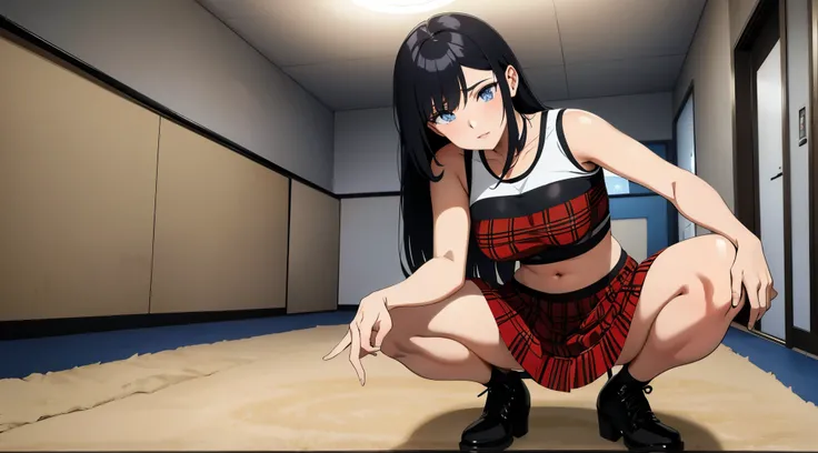 anime girl in a school uniform kneeling down in a room, the anime girl is crouching, most strongest pose, badass anime 8 k, noire moody scene, seductive anime girl, anime moe artstyle, marin kitagawa fanart, ecchi anime style, smooth anime cg art, tifa loc...