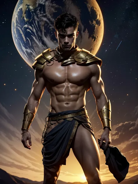 Photorealistic, ((best quality)), ((masterpiece)), (detailed), solo, 1man, ancient mythology, greek mythology , he is Atlas, the titan carrying the earth, massive earth on his shoulders, he is struggling to hold the earth world on his shoulders, he is carr...