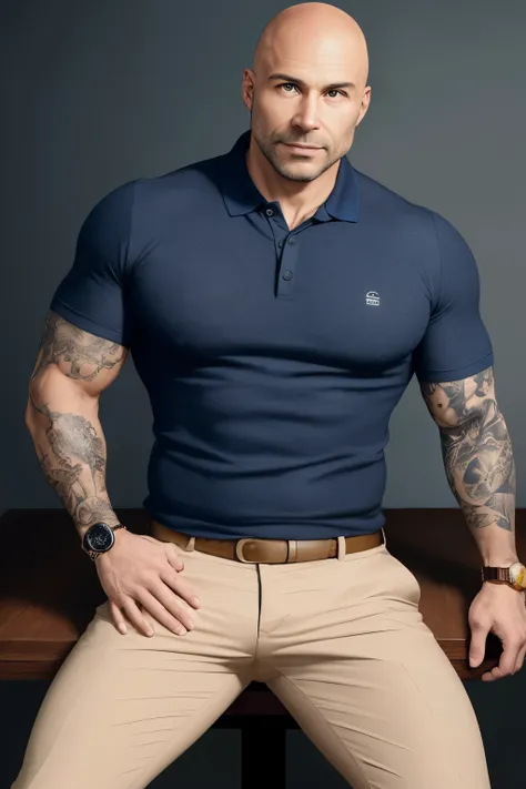 A captivating ultra-realistic photograph of a 40-year-old man with a light-skinned complexion, a bald shaved head, an oval-shaped face, and rounded cheeks and nose. He dons a gold watch on his wrist, a polo shirt, and dark blue sports pants, revealing an i...