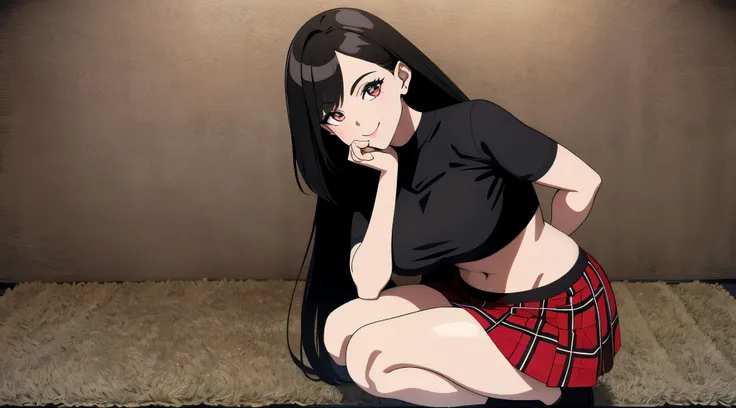 ，（​masterpiece，Highest Quality），crop Top Look，Plaid mini skirt，A dark-haired，carpet, uma mulher de blusa preta e short preto deitada, seductive  anime, estilo de anime ecchi, beautiful  anime squatting, Oppai, garota com top preto, garota com um sorriso pr...