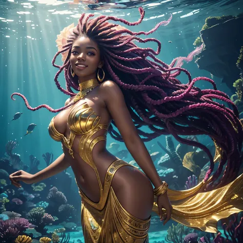 highly detailed, 8k, masterpiece, 1girl, afrofuturistic mermaid, long deadlock_hair, opulent jewelry, radiant_smile, (perfect_face), detailed_glorious_underwater_background, full_body, bloom,(beautiful lighting:1.3), caustics, dynamic lighting, from_below 