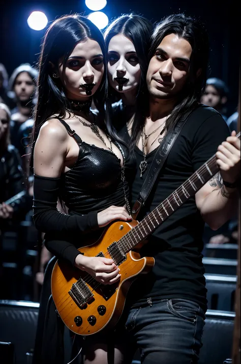 2heads, male female couple, age 22, cute, two heads on one body, one torso, goth, metalhead, at concert, dim lighting,