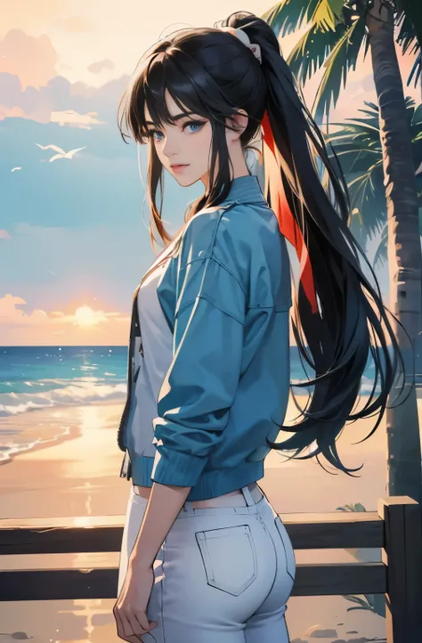 woman with long black hair ponytail, Anime drawing by Yang J, pixiv, serial art, anime style 4 k, anime style. 8K, Gwaites style artwork, Realistic anime 3d style, anime style illustration, high quality anime art style, digital anime illustration, realisti...