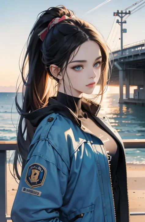 very colorful, pop feel, summer image, Beautiful woman with long black ponytail, Around 25 years old, Sea view, wearing a jacket, perfect tall model body,mysterious, cool beauty, it will happen, U.S. West Coast, Sparkling summer memories, Anime drawing by ...