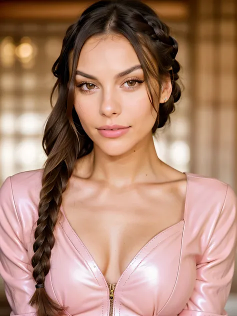 26 y.o. beautiful woman, spanish, long brown hair, braids, Realistic, Victoria Justice, sharp details, detailed eyes, eye lashes, brows with visible brow hair, nose, lips, detailed skin texture with natural pores, fine lines, beautiful fit skinny body dres...