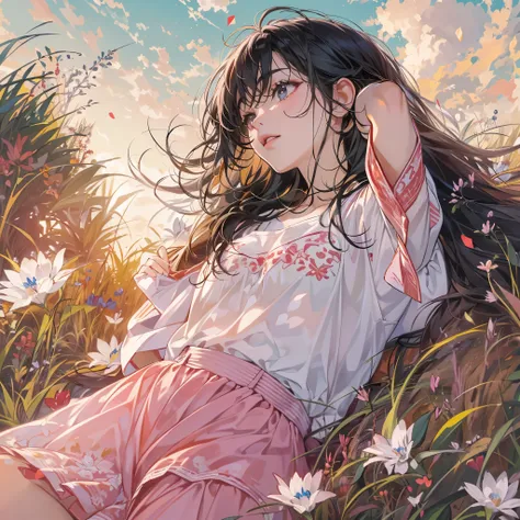 ( highres, ultra detailed, realistic, )(解剖学正确）, 1  girl,long black hair, wind blow，pink white stripe T-shirt, lying on the grass, black eyes，looking at the sky, sunset sky background, ultra - detailed, best quality, Detailed diagram, vectorized, 8K, Graphi...