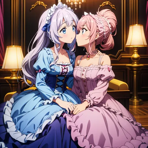 highest quality, masterpiece, highest resolution, artwork, super それにget used to it, many get used to it, get used to it, それにget used to it, woman, 10 years old,the two girls are princesses,(((A pink Marie Antoinette-like rococo-style voluminous ballgown dr...