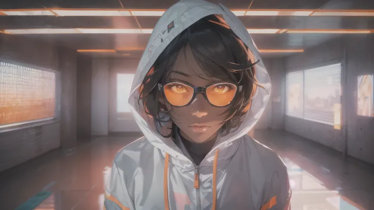 Capture the breathtaking moment as a young, dark-skinned man wearing glasses, dressed in a crisp white windbreaker hoodie faces an ominous orange light structure in a futuristic white building creating a raw and emotional masterpiece. This ultra-high resol...