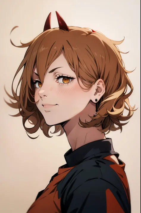 A Beautiful Woman Watching the Viewer, Haircut, Short Hair, Peache Hair, Horns, Yellow Eyes, Smile, Earrings, blushing, curly hair