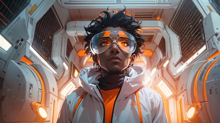 Capture the breathtaking moment as a young, dark-skinned man wearing glasses, dressed in a crisp white windbreaker hoodie faces an ominous orange light structure in a futuristic white building creating a raw and emotional masterpiece. This ultra-high resol...