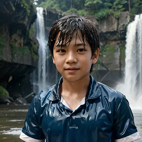 An 11-year-old East Asian boy wearing a blue school uniform takes a bath in a waterfall, The whole body is soaked