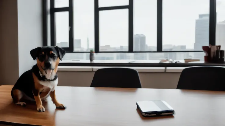 hyper ultra realistic photographs full body of A stern-faced Rottweiler, his fur meticulously groomed and his glasses reflecting the glint of skyscrapers, sits behind a mahogany desk in a corner office. A stack of gold bars rests on his desk, and a phone c...