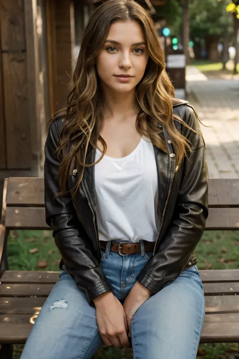 Model in leather jacket, taking a break:
1. Mother of 25, long wavy hair, golden highlights, average built, looking directly at viewer, sun-kissed complexion, green eyes, casual attire, encouraging a playful expression, pulling aside a strand of hair from ...