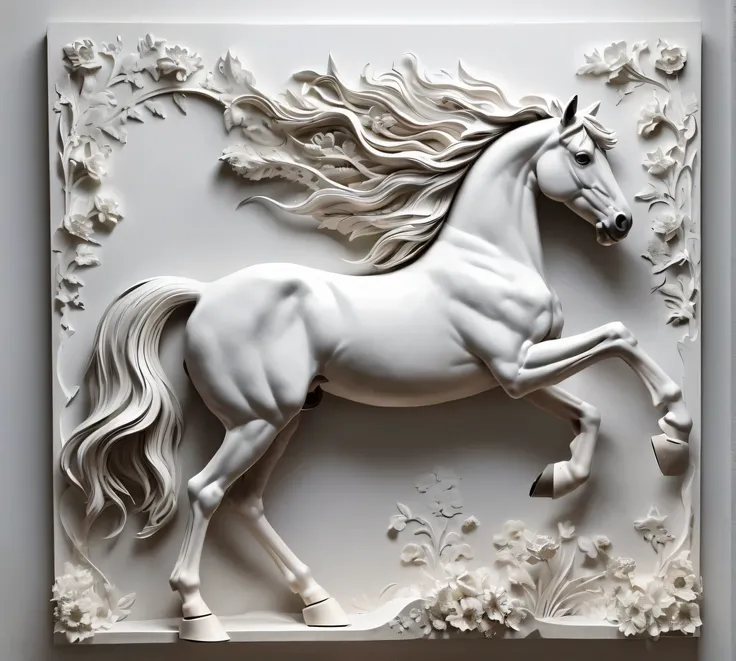 there is a white caballo that is standing in a room, inspirado por John Frederick Herring, Sr.., inspirado por John Frederick Herring, jr., white caballo, Una pintura de plata blanca, an all white caballo, Pegaso, caballo, 3 d carved marble sculpture, ador...