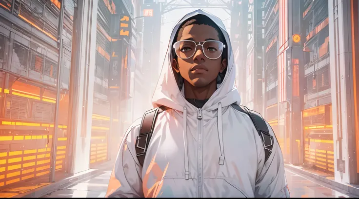 Capture the breathtaking moment as a young, dark-skinned man wearing glasses, dressed in a crisp white windbreaker hoodie faces an ominous orange light structure in a futuristic white building creating a raw and emotional masterpiece. This ultra-high resol...