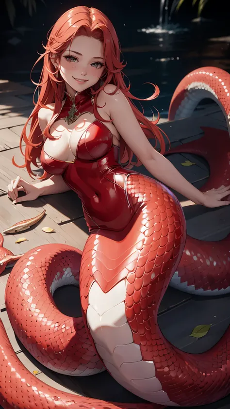 masterpiece，best quality，original photo，red clothes，high resolution，mermaid，snake，smile，portrait，close shot