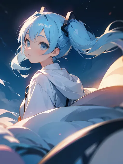 Girl looking at the night sky, twintails, light blue hair