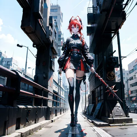 (table top), (perfect athlete body:1.2), anime style, whole body, cyberpunk ninja girl, red japan devil, wearing street fashion....