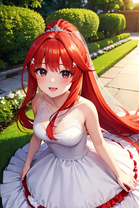 High quality, 1 girl solo, Itsuki Nakano, Top Quality, Masterpiece, Ultra High Definition, long red hair, ponytail, wedding dress, garden, smile, big , tiara wedding,