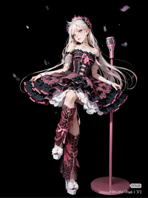 Close-up of a doll wearing a pink dress and a microphone, kerli koiv as anime girl, anime barbie doll, Anime vtuber full body model, anime barbie wearing white, Cute anime waifu wearing beautiful clothes, gothic shoujo anime girl, Anime Girls Cosplay, Bell...