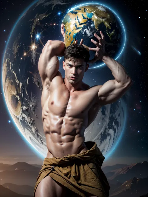 Photorealistic, ((best quality)), ((masterpiece)), (detailed), solo, 1man, ancient mythology, greek mythology , he is Atlas, holding the planet earthh on his back, the titan carrying the world Earth, massive planet Earth on his shoulders, he is struggling ...