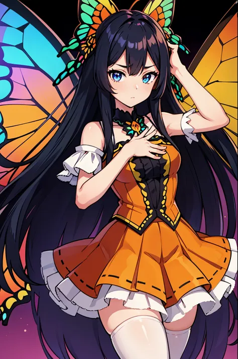 1girl, (butterfly ears:1.1), (black hair, blue hair), ((((straight hair)))), (very long hair), ((sidelocks)), ((((hair covering eye))), ((sunset eyes)), (dynamic pose), (colorful idol costume), ((lacy skirt)), (white pantyhose), (butterfly wings:1.2), (dyn...